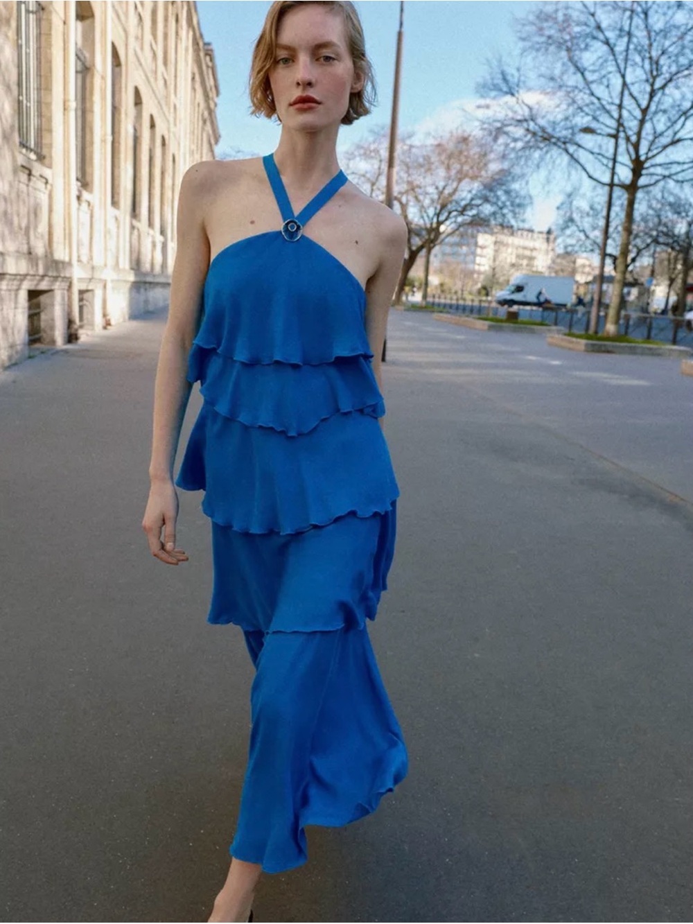 Zara Cobalt Blue Halter Tiered Maxi Dress